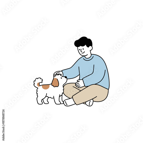 Happy Man Petting Dog on Floor Illustration