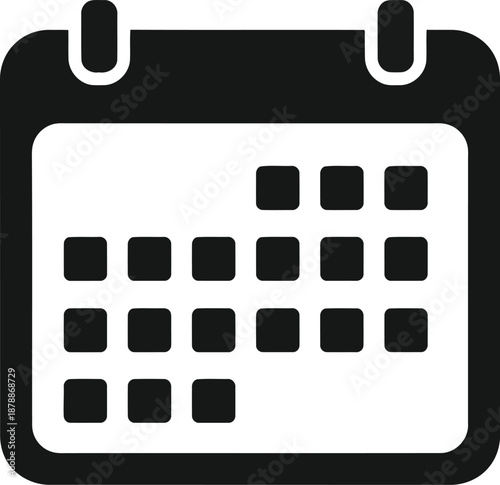 Basic black calendar icon displaying many marked dates, representing a busy schedule or comprehensive planning