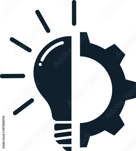 Innovative lightbulb and mechanical gear combination icon representing creativity engineering problem solving and solution finding