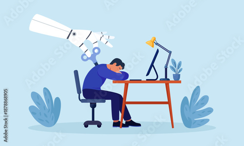 Robotic arm turn up clockwork winder to motivate overworked person. Exhausted businessman recharged to increase efficiency. Artificial Intelligence help business success. Collaboration AI and human