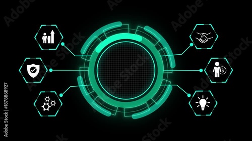 Futuristic business interface animation with circular hub and connected icons. Digital technology layout for strategy finance security and ideas. Modern abstract hud frame with copy space.