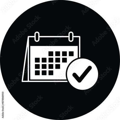Calendar with check mark icon in a black circle, linear style black and white flat simple vector illustration © Shodesh Agency 