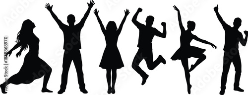 Black Silhouettes of Happy Diverse Group of People Jumping and Dancing in Celebration Isolated on White Background for Party Success Freedom and Achievement