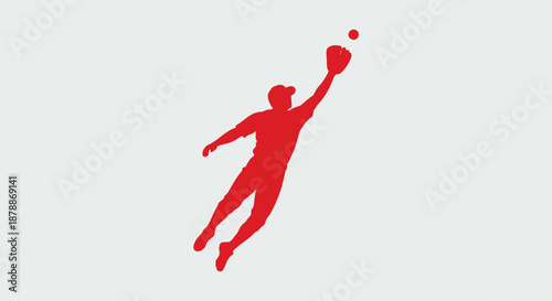 A person playing baseball on a field, captured in mid-air action, viewed from the side, illustrated in a simple graphic style