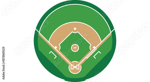 Aerial view of a baseball field with a green grassy terrain and a dirt infield, illustrated in a circular graphic format