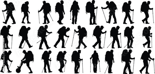 Black silhouettes of hikers with backpacks and trekking poles walking in various poses