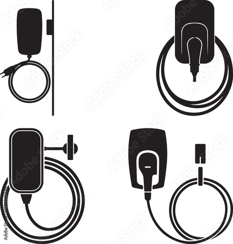 A set of home garage hook silhouette, wall mounted home charger with the cable, flat black color illustration