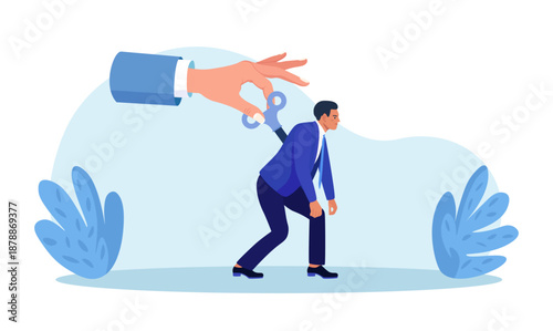 Boss hand turn up key or  clockwork winder to motivate overworked person. Exhausted businessman recharged, power up to increase efficiency. Business leadership, motivation employee