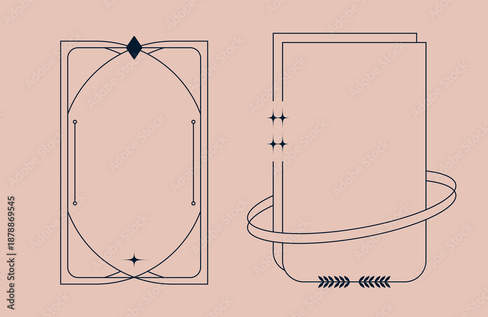 Fototapeta premium Aesthetic peach geometric border set with celestial ring accents for trendy layout