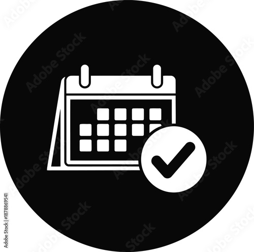 Calendar with check mark inside circle for confirmed appointment schedule or successful event planning deadline notification © Shodesh Agency 