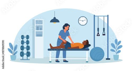 Physiotherapy gym. Physical therapy in rehabilitation hospital. Physiotherapist doctor rehabilitates disabled person after injury trauma. Physiotherapist gives elderly patient therapeutic massage