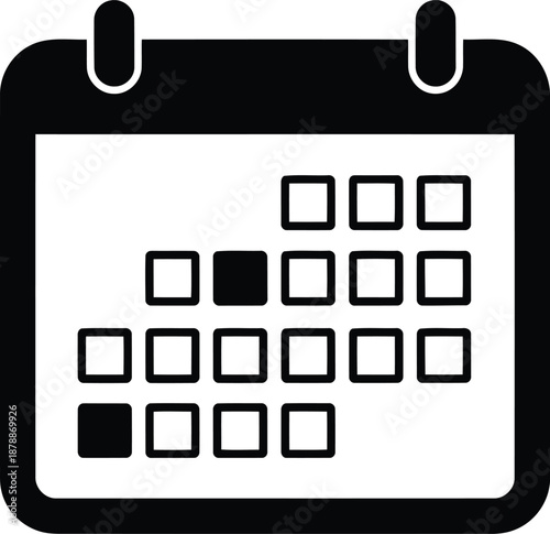 Simple desktop calendar vector illustration showing outline squares with two selected marked date indicators for scheduling events
