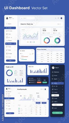 A collection of UI dashboard vector graphics with various charts and graphs on a blue background with a technical and informative mood.