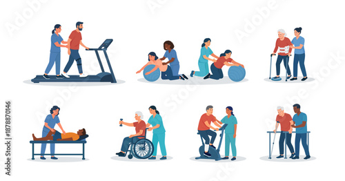 Physiotherapy gym. Physical therapy in rehabilitation hospital. Physiotherapist doctor rehabilitates disabled people after injury trauma. Elderly patient walking and doing exercises with fitness ball