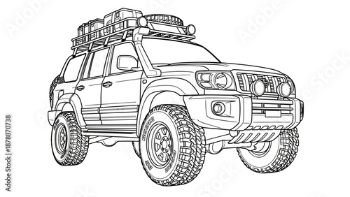 Black and white illustration of a rugged SUV with roof rack and large tires.