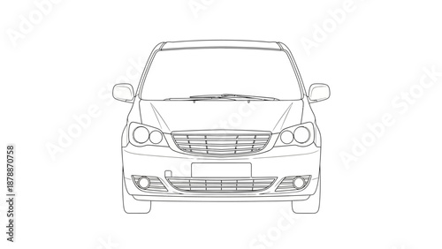 Front view line drawing of a car with a simple design.