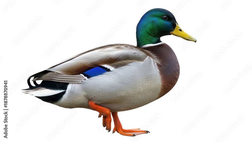 Obraz premium Mallard duck PNG isolated on transparent background, male wild duck with green head and orange legs for nature designs