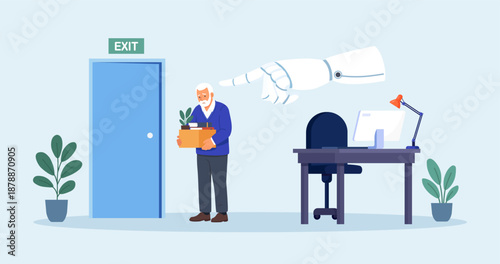 Artificial Intelligence is replacing older employee. Pensioner was dismissed by AI robot. Unemployment, job loss due to technological progress, layoffs. Age discrimination