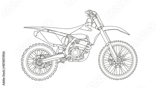 Detailed line drawing of a dirt bike motorcycle.