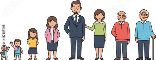 Cartoon people of different ages standing in a line family