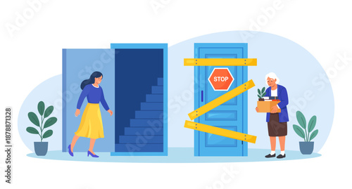 Age discrimination and social inequality. Unequal career opportunities between young and older person. Pensioner knocking to locked and closed door. Ageism and job termination older employee over 65