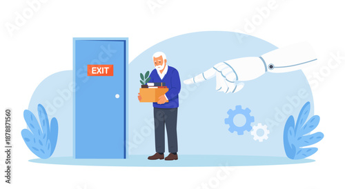 Artificial Intelligence is replacing older employee. Pensioner was dismissed by AI robot. Unemployment, job loss due to technological progress, layoffs. Age discrimination