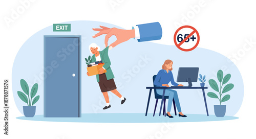 Age discrimination at workplace. Replacement of employees due to retirement, dismissal. Workforce turnover. Boss hand throwing older person over 65 out of office. Pensioners job termination, ageism