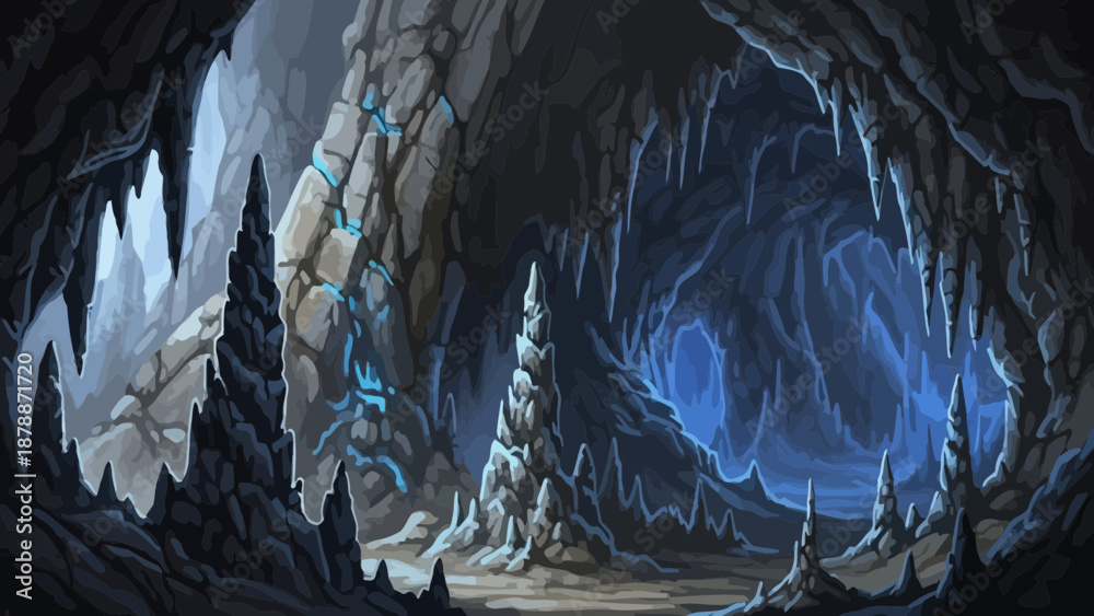 Obraz premium Enigmatic cavern with stalactites and stalagmites bathed in an ethereal blue glow