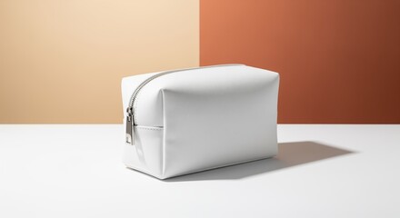 White cosmetic bag with zipper sits on bright surface against warm beige and rust backdrop. Perfect for beauty product displays, travel accessories, or packaging mockups.