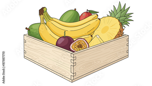 A wooden crate filled with a variety of fresh tropical fruits, including bananas, mangoes, pineapple, passion fruit, and lychee, presented in a realistic style.