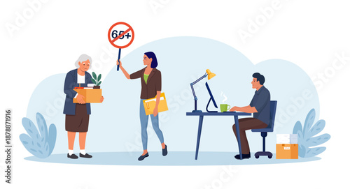 Age discrimination at workplace. Replacement of employees due to retirement, dismissal. Job rotation. Workforce turnover. Boss dismissing older person over 65. Ageism, job termination among pensioners