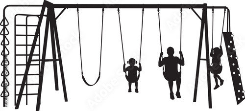 Black silhouette of children playing on outdoor playground equipment with swings and climbing frame isolated on white background for summer fun and childhood recreation concepts