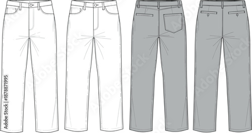 Line of four styles of jeans pants fashion clothing denim