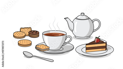 A charming illustration of a tea set with a teapot, cup of tea, slice of cake, cookies, and a spoon, suggesting a relaxing tea time.