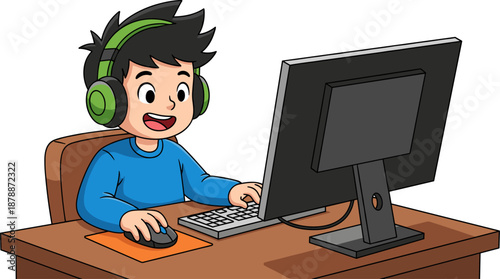 Happy cartoon boy gamer wearing green headphones playing video games on a desktop computer, cute young streamer character vector illustration.