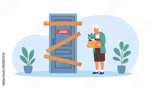 Age discrimination at workplace. Senior person being fired over their age. Younger boss dismissing older employee over 65. Ageism and job termination among pensioners. Retirement