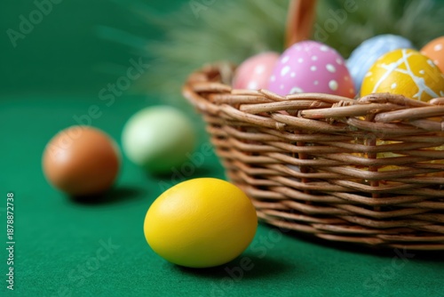 Colorful easter eggs in woven basket on green surface