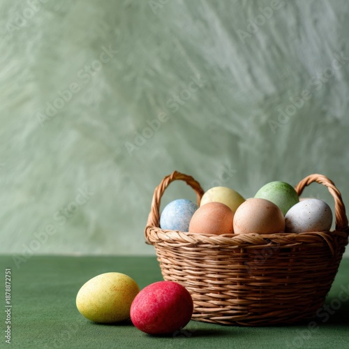 Colorful easter eggs in a woven basket on a green background