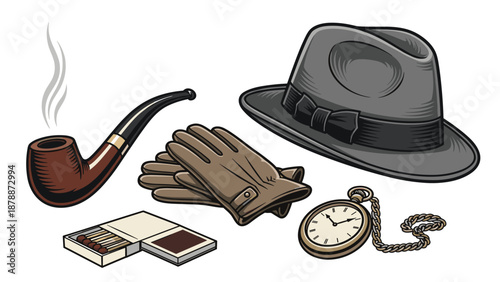 A collection of vintage gentleman's accessories including a fedora hat, leather gloves, a pocket watch, a pipe, and a box of matches.