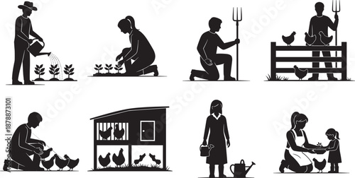 Black silhouettes of farmers gardening planting crops and raising chickens on a rural farm isolated on white background for agriculture sustainability and homesteading concepts