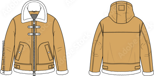 Tan bomber jacket with white fur trim and hood brown