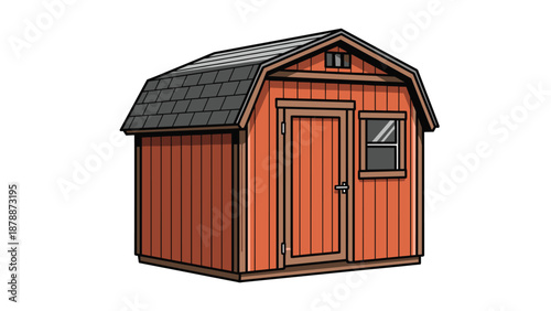 A charming illustration of a red wooden shed with a gambrel roof, a door, and a window, set against a white background.