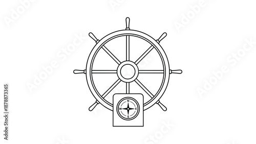 A line art illustration of a ship's steering wheel with a central compass, presented in black and white against a white background.
