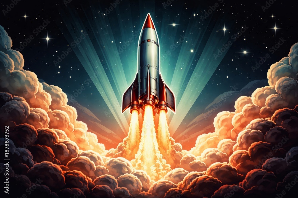 Fototapeta premium Dramatic rocket launch blasting through billowing clouds into a starry night sky, fiery exhaust trails and radiant beams highlighting space exploration