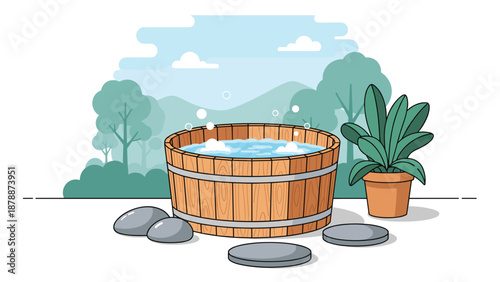 An illustration of a wooden hot tub or barrel bath filled with bubbling water, surrounded by smooth stones and potted plants, with trees in the background.