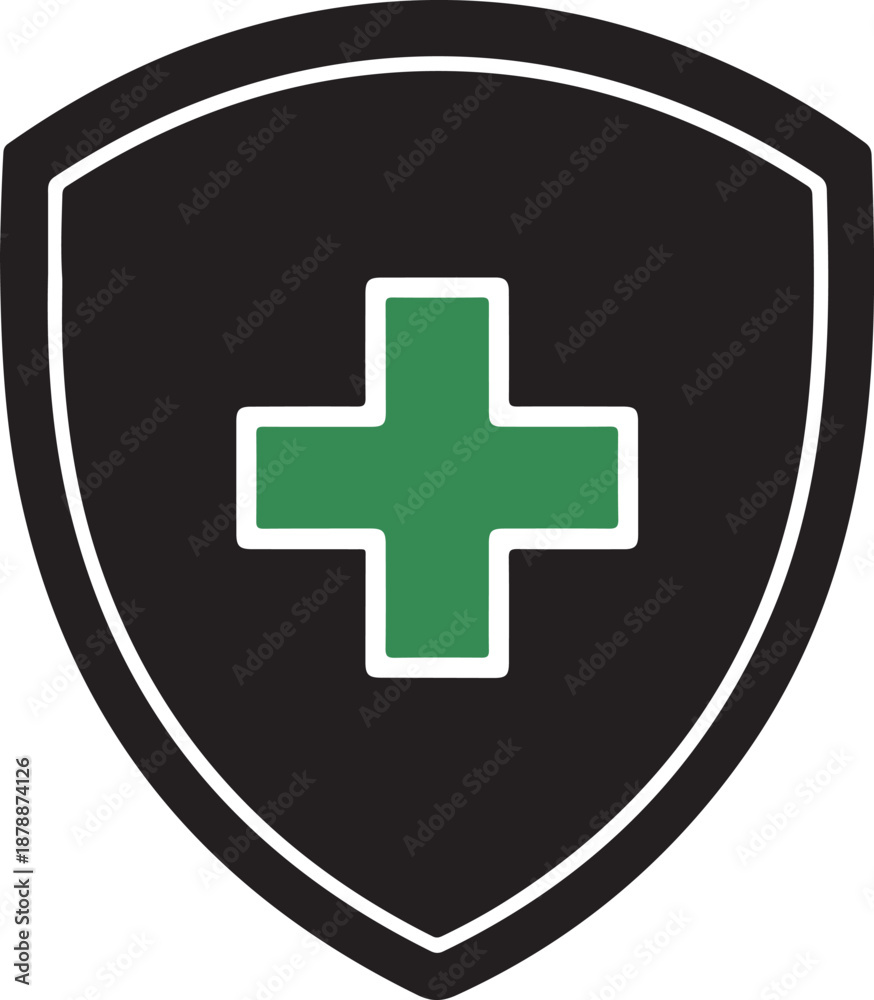 Fototapeta premium Preventive care medical shield logo featuring plus sign inside protective crest representing healthcare security and insurance