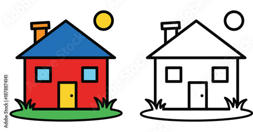 Simple cartoon house vector illustration set featuring a colorful version and a black and white outline suitable for kids coloring book page or educational worksheet