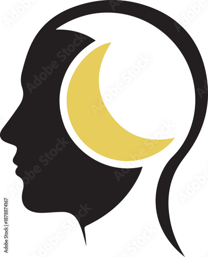 Sleep optimization icon, human head profile with moon representing rest and mind improvement