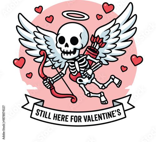 Funny Skeleton Cupid Illustration with Bow and Arrows for Valentine's Day Greeting Card Design