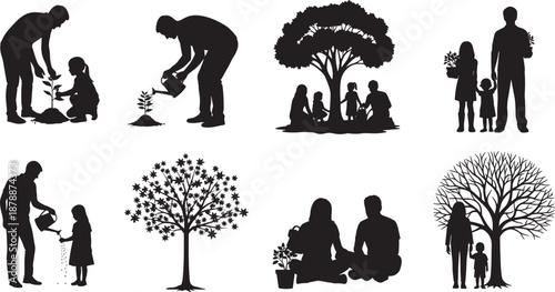 Black silhouettes of families planting trees watering plants and gardening together outdoors to promote environmental sustainability nature conservation growth and a green future for all
